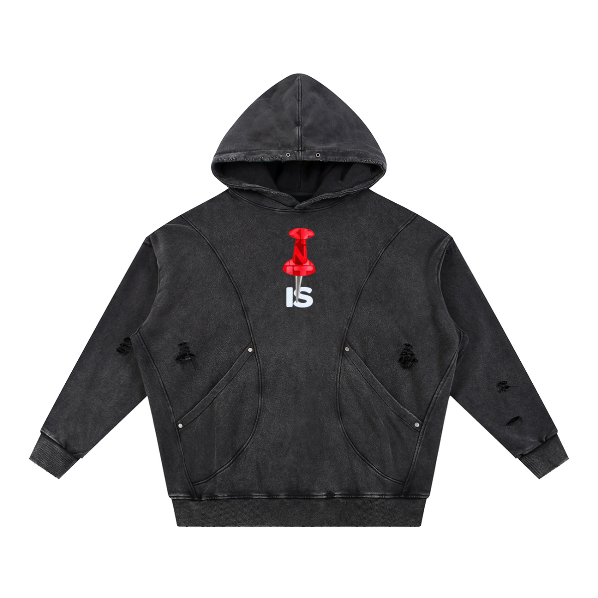 Snow Washed Distressed Panel Pocket Hoodie