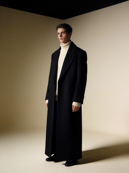 Model wearing the Fjord overcoat in ink over cream knit