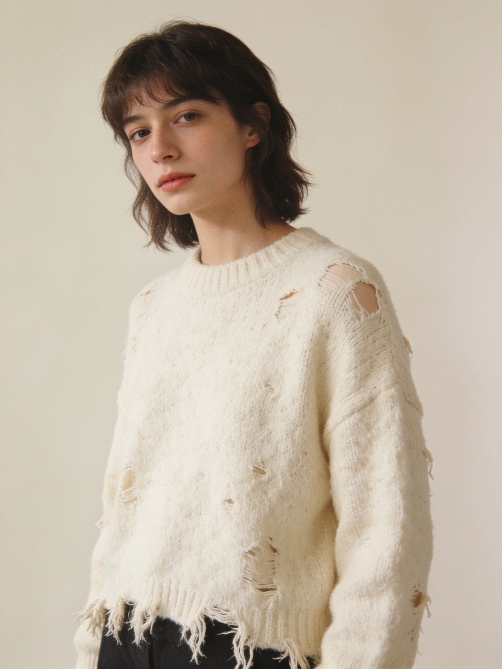 Model wearing the distressed wool knit in ecru