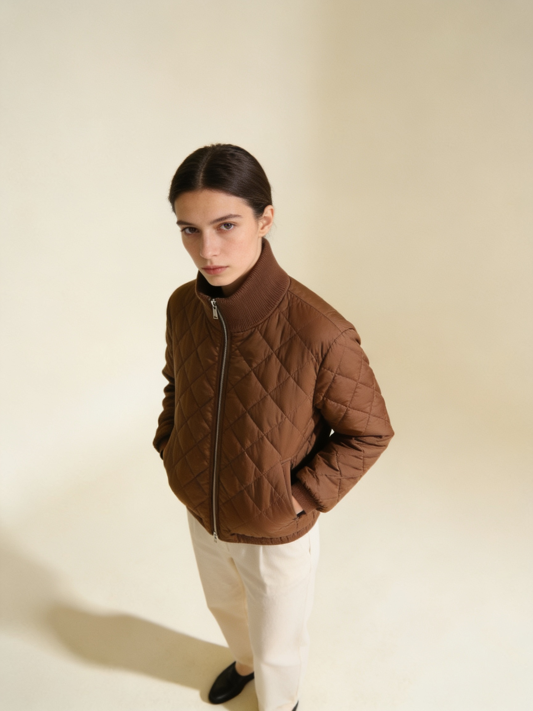 Model wearing the Suilven quilted jacket in walnut
