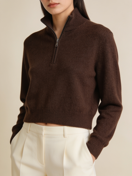 Model wearing the Halden zip knit in dark walnut